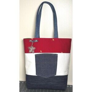 Handmade Upcycled Summer Tote Bag Red White Blue